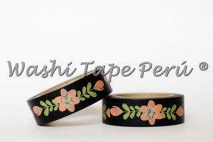 Washi Tape negro con flores rosa
